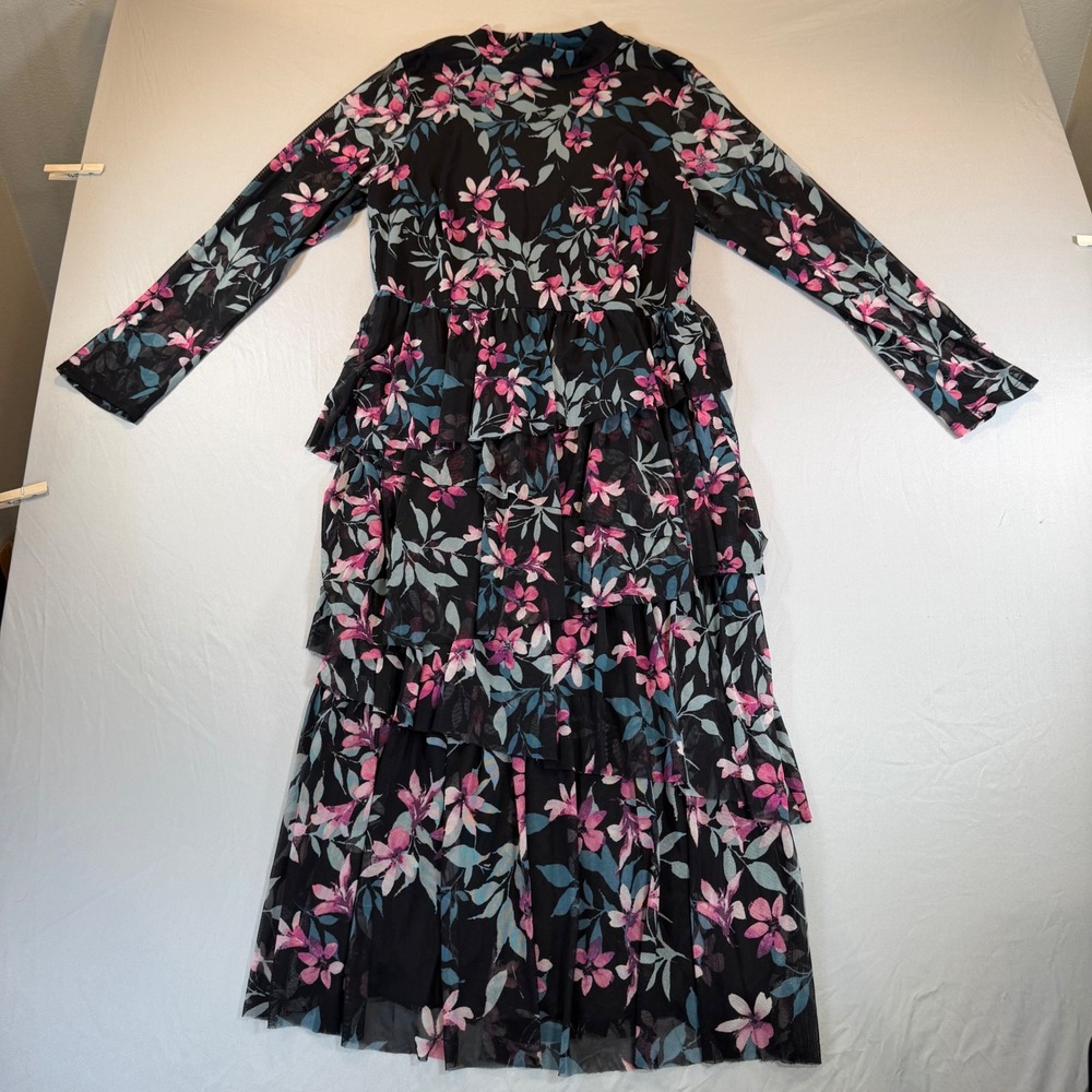 Kate and Lily Floral Tiered Maxi Dress Long Sleeve Black Pink 14 Prairie Boho